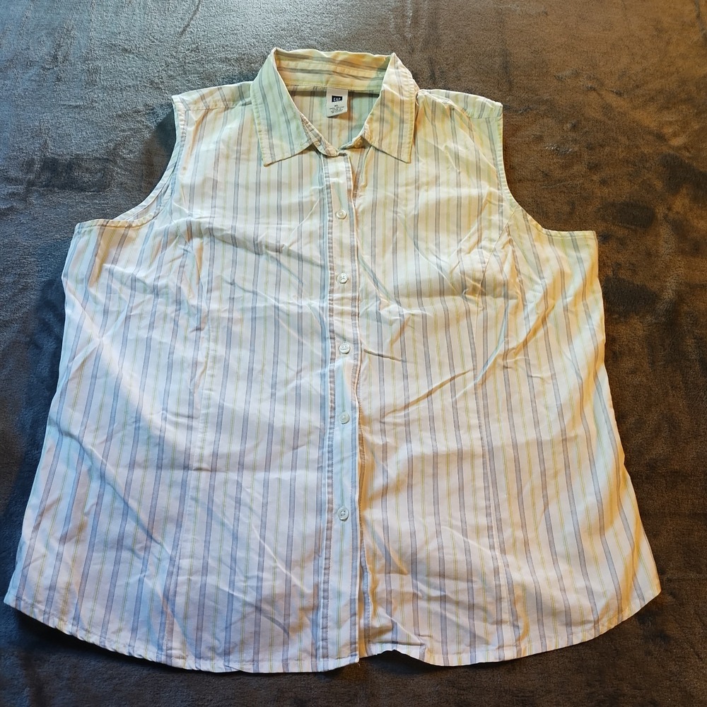 Gap Sleeveless Button-Down Shirt, White Gray Pinstripe Women's XL Coastal Preppy
